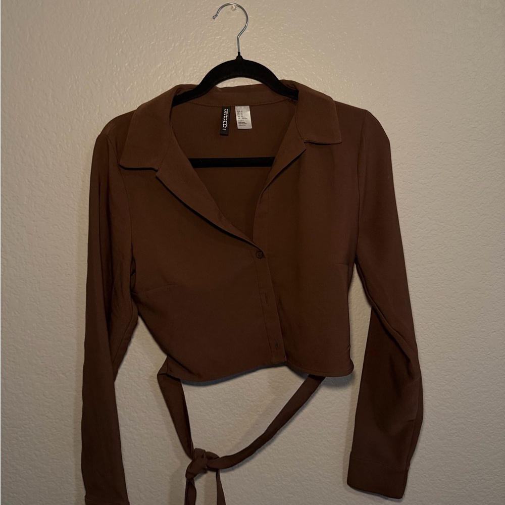 Brown Long Sleeve Back Tie Crop Top